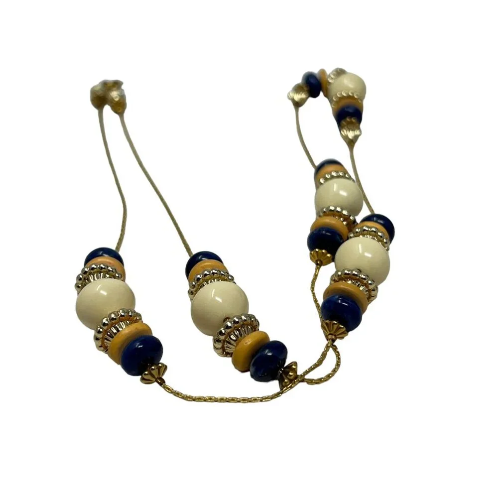 Beaded‎ Necklace Gold Tone Chain Blue White Blue Yellow Beads